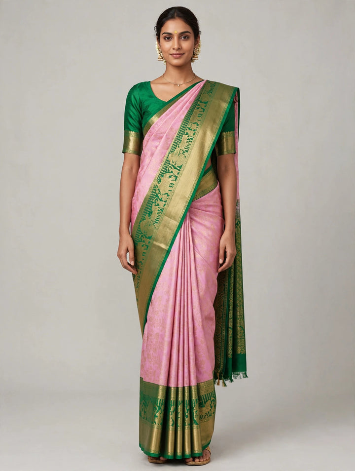 Tathastu Pink &amp; Green Traditional Zari Saree