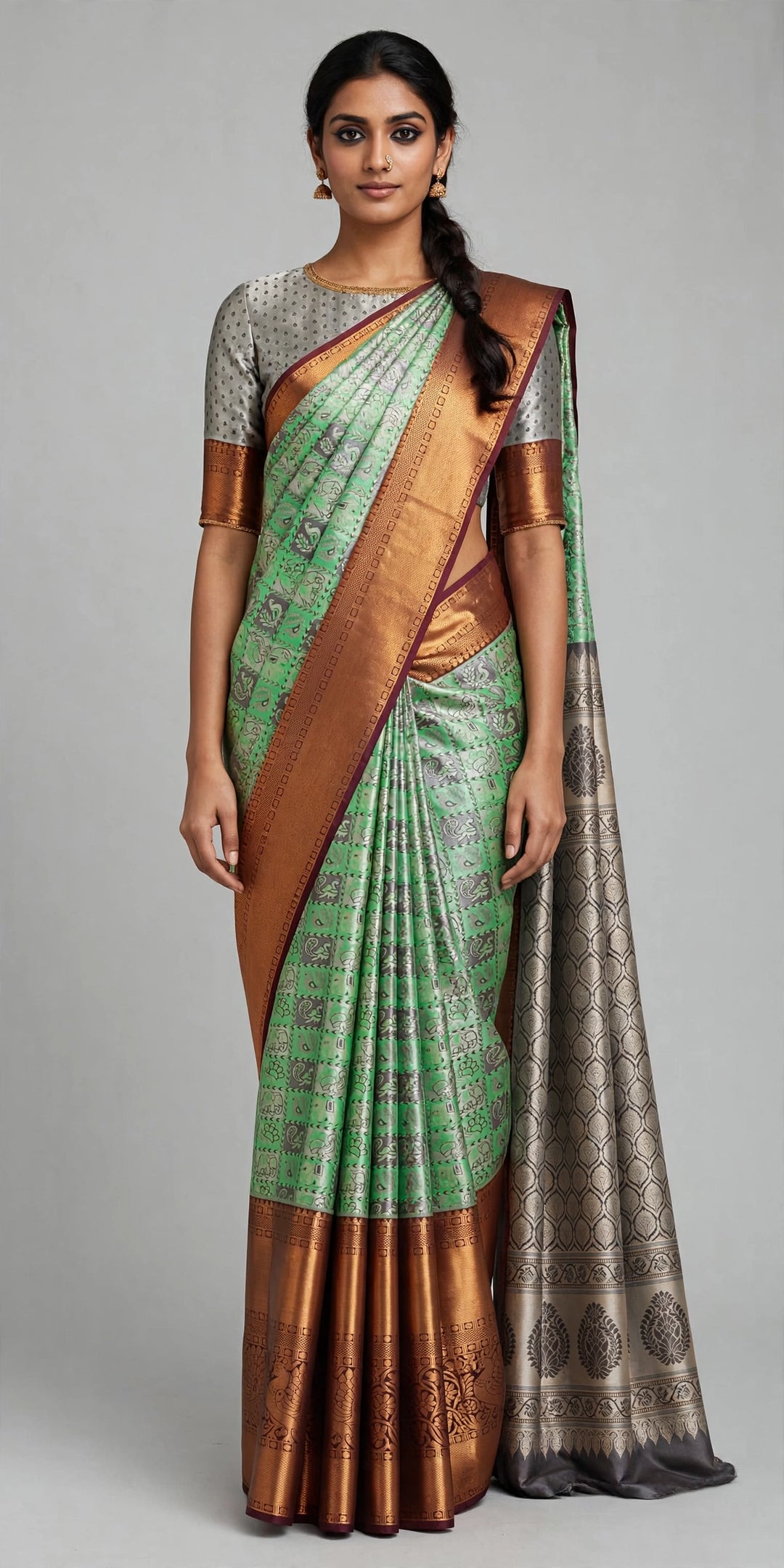 Tathastu Mint Green &amp; Copper Zari Printed Saree