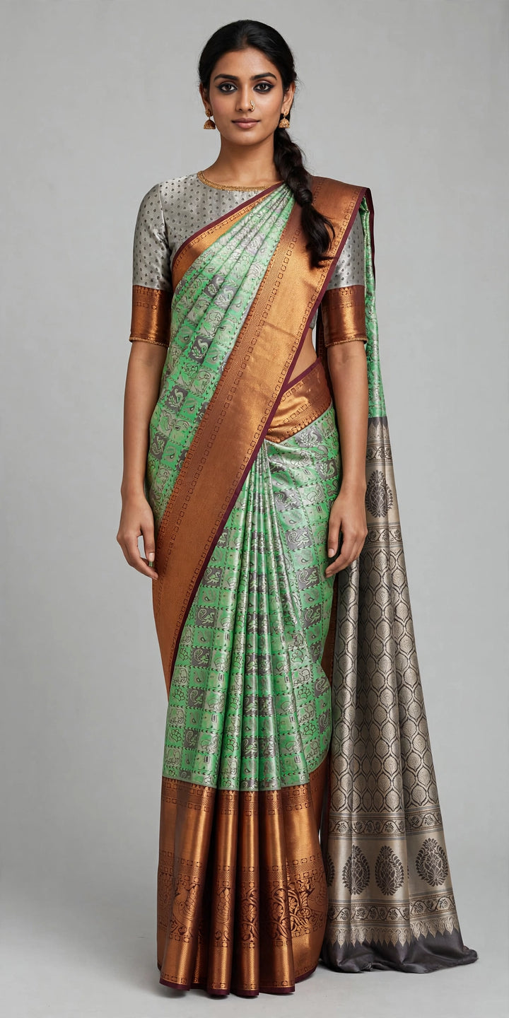 Tathastu Mint Green &amp; Copper Zari Printed Saree