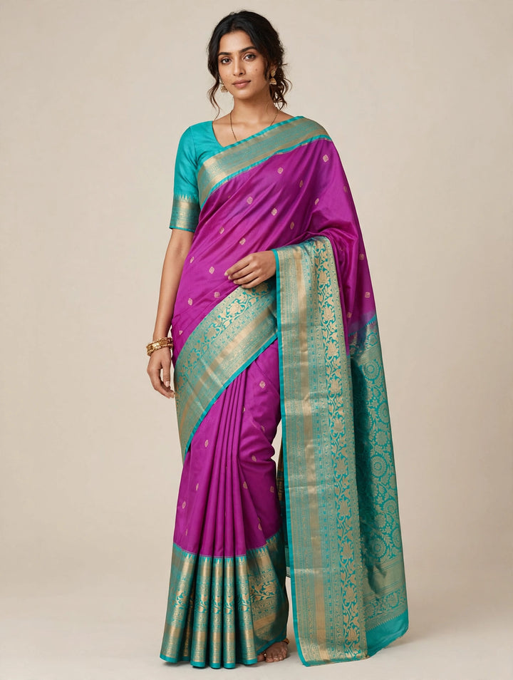 Tathastu Magenta Purple &amp; Teal Zari Saree