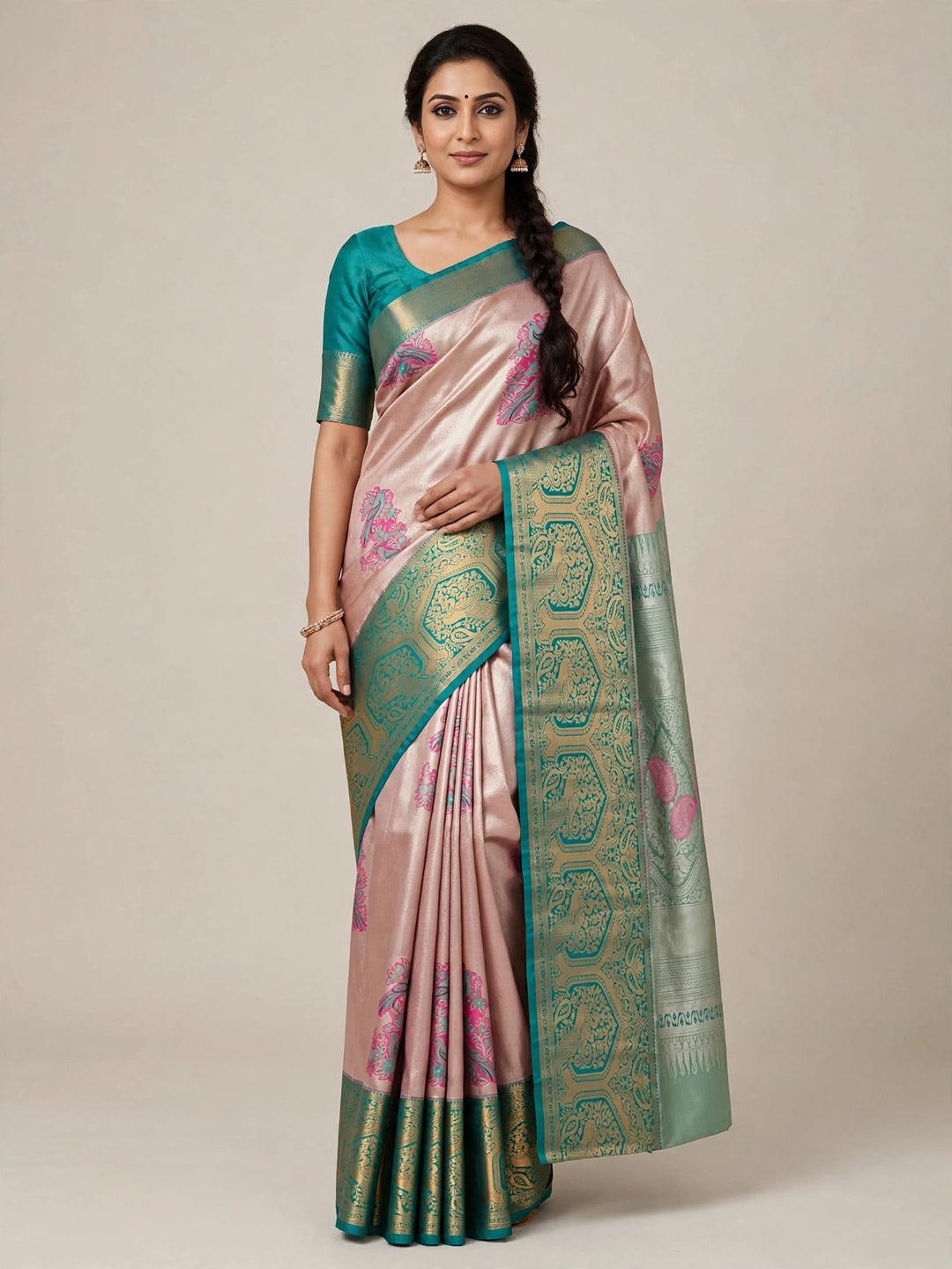 Tathastu Blush Pink &amp; Teal Floral Zari Saree