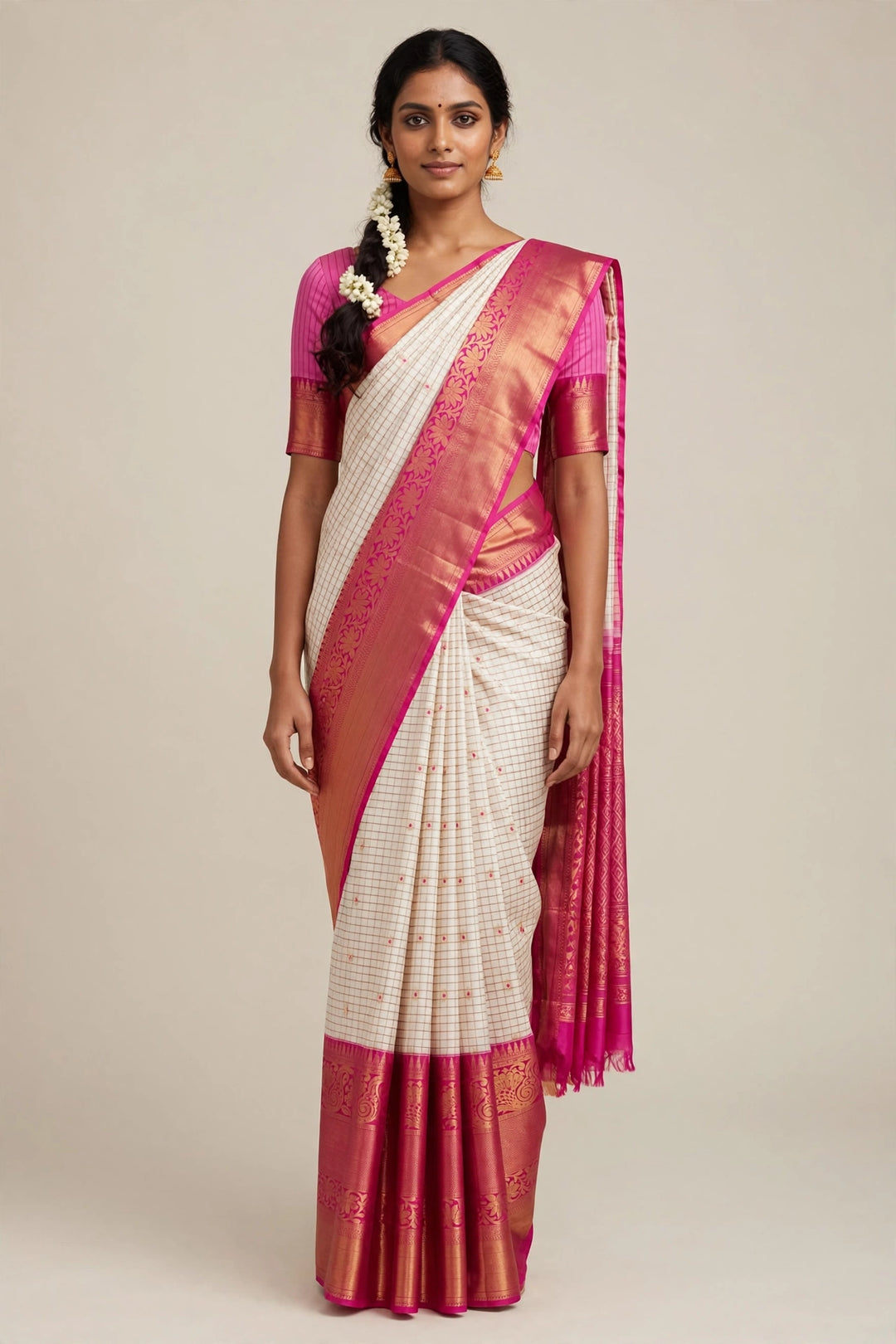 Tathastu White &amp; Pink Checked Zari Saree