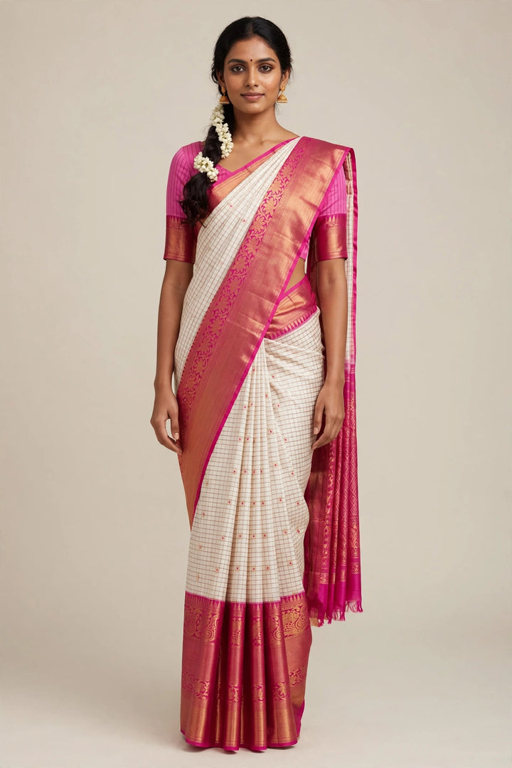 Tathastu White &amp; Pink Checked Zari Saree