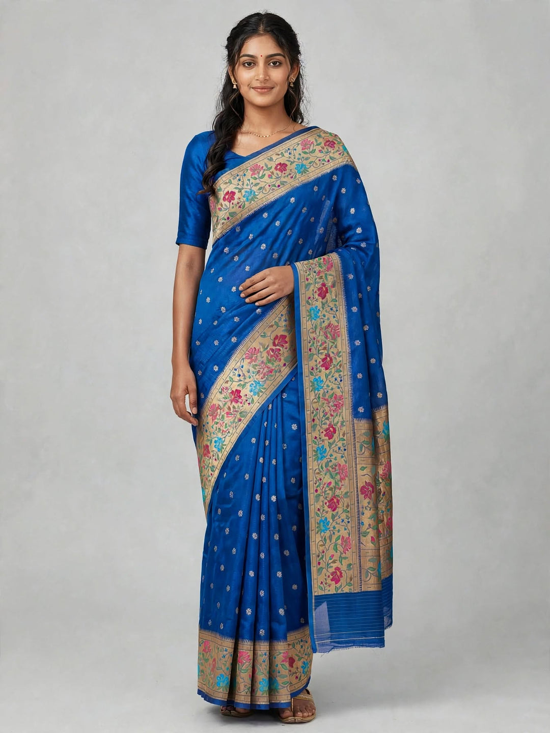 Tathastu Royal Blue Floral Border Saree