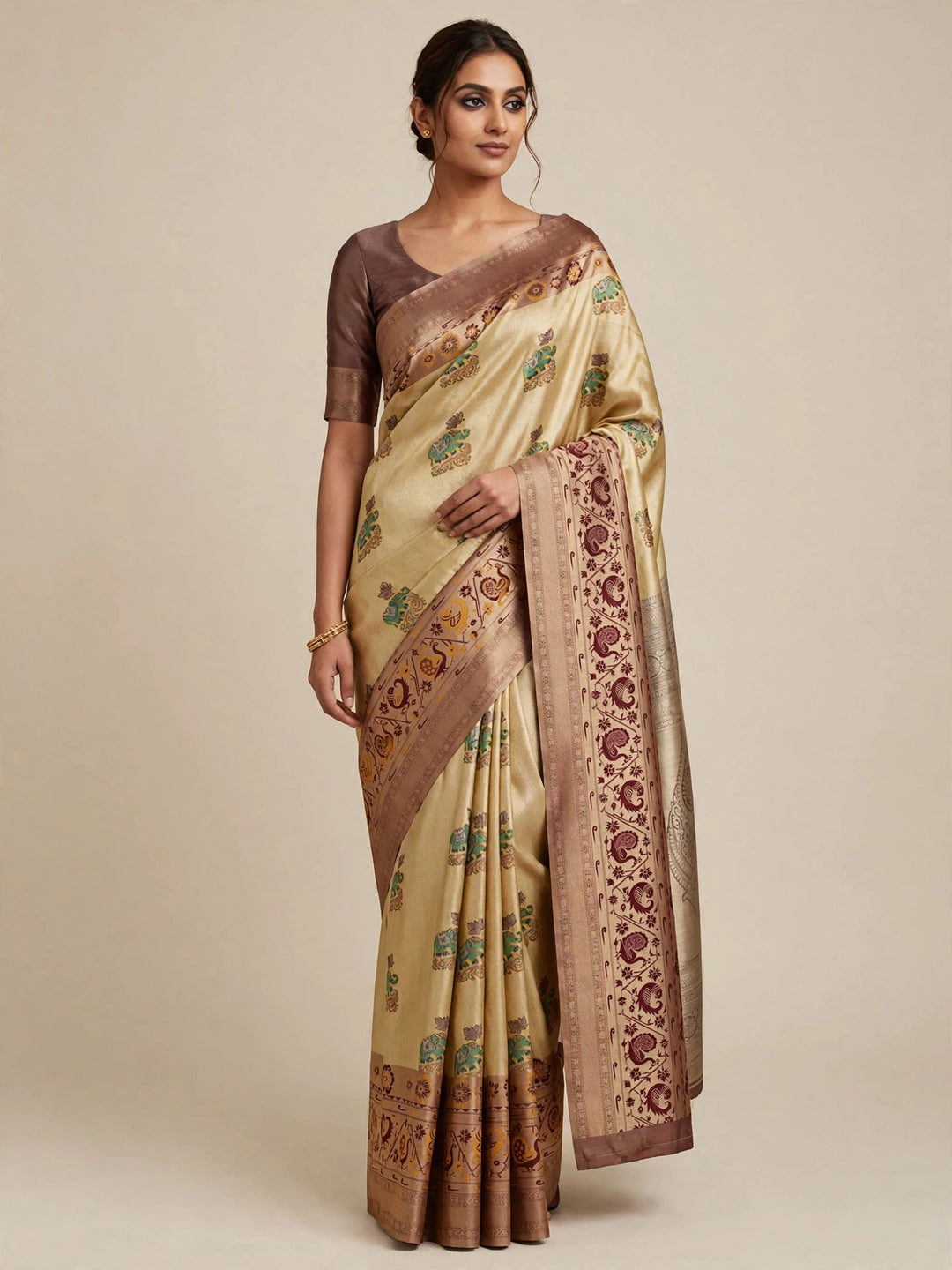 Tathastu Golden Beige &amp; Brown Floral Printed Saree