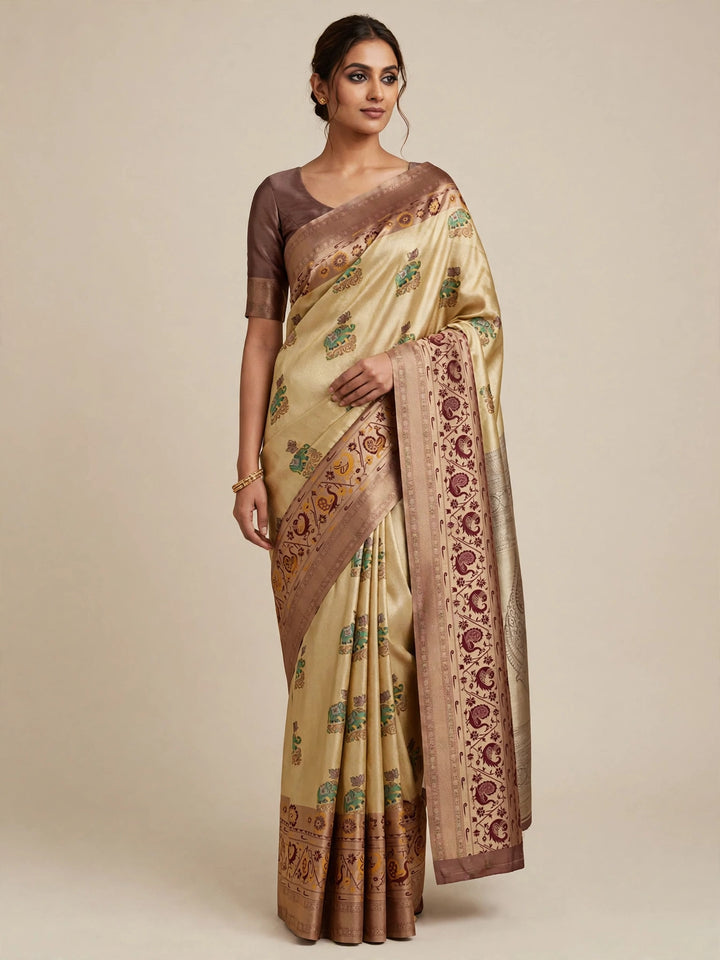 Tathastu Golden Beige &amp; Brown Floral Printed Saree
