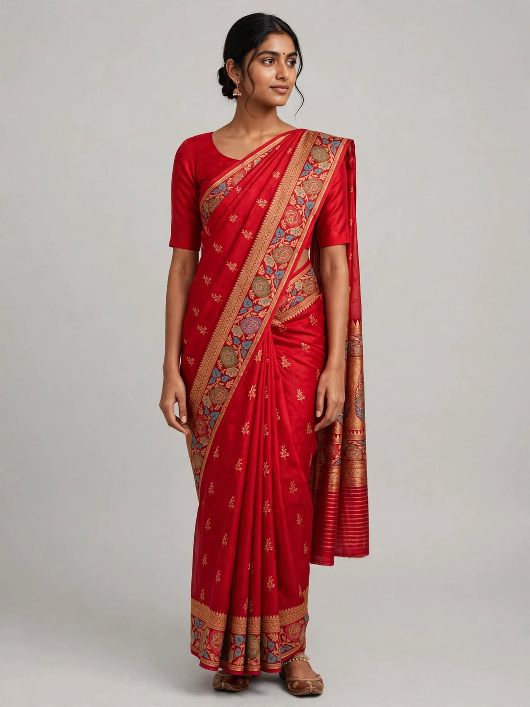 Tathastu Red Floral Zari Border Saree