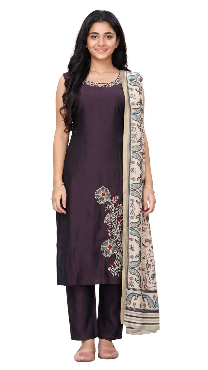 Plum Floral Embroidered Kurta Set
