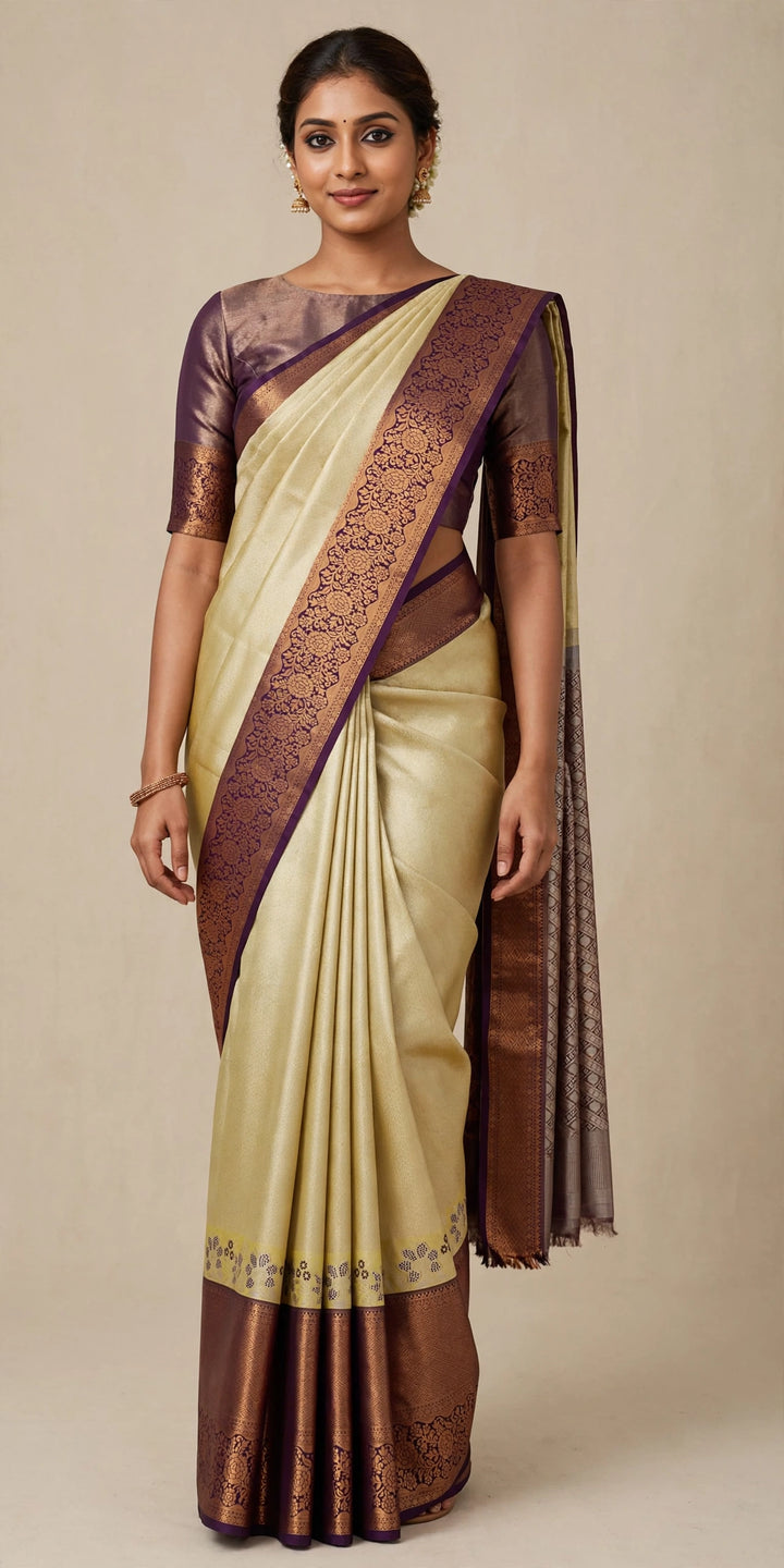 Tathastu Cream &amp; Brown Traditional Zari Saree