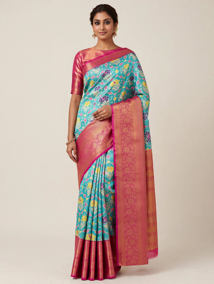 Tathastu Turquoise Blue &amp; Pink Floral Printed Saree