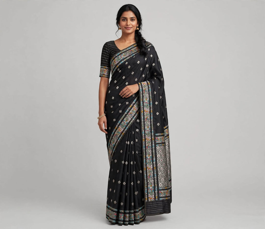 Tathastu Black Floral Printed Saree