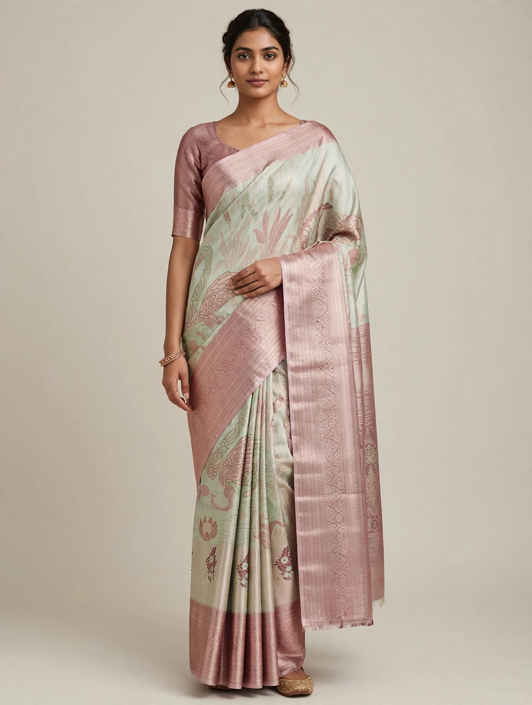 Tathastu Pastel Green &amp; Rose Pink Floral Saree