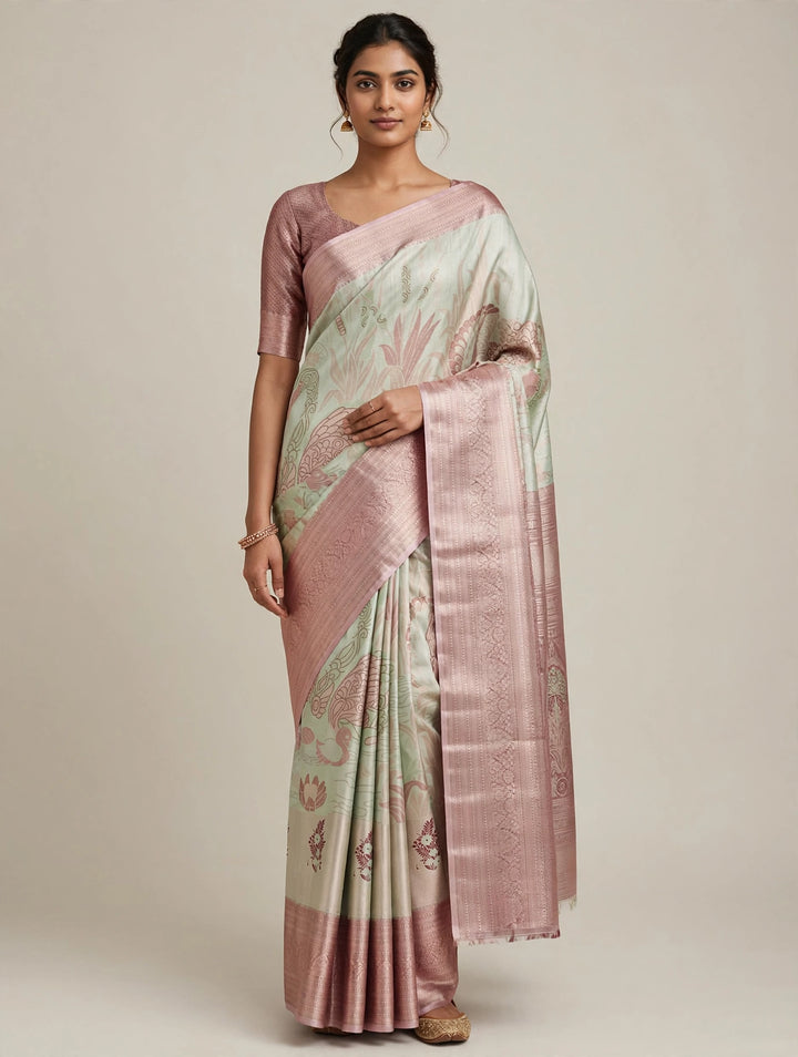 Tathastu Pastel Green &amp; Rose Pink Floral Saree