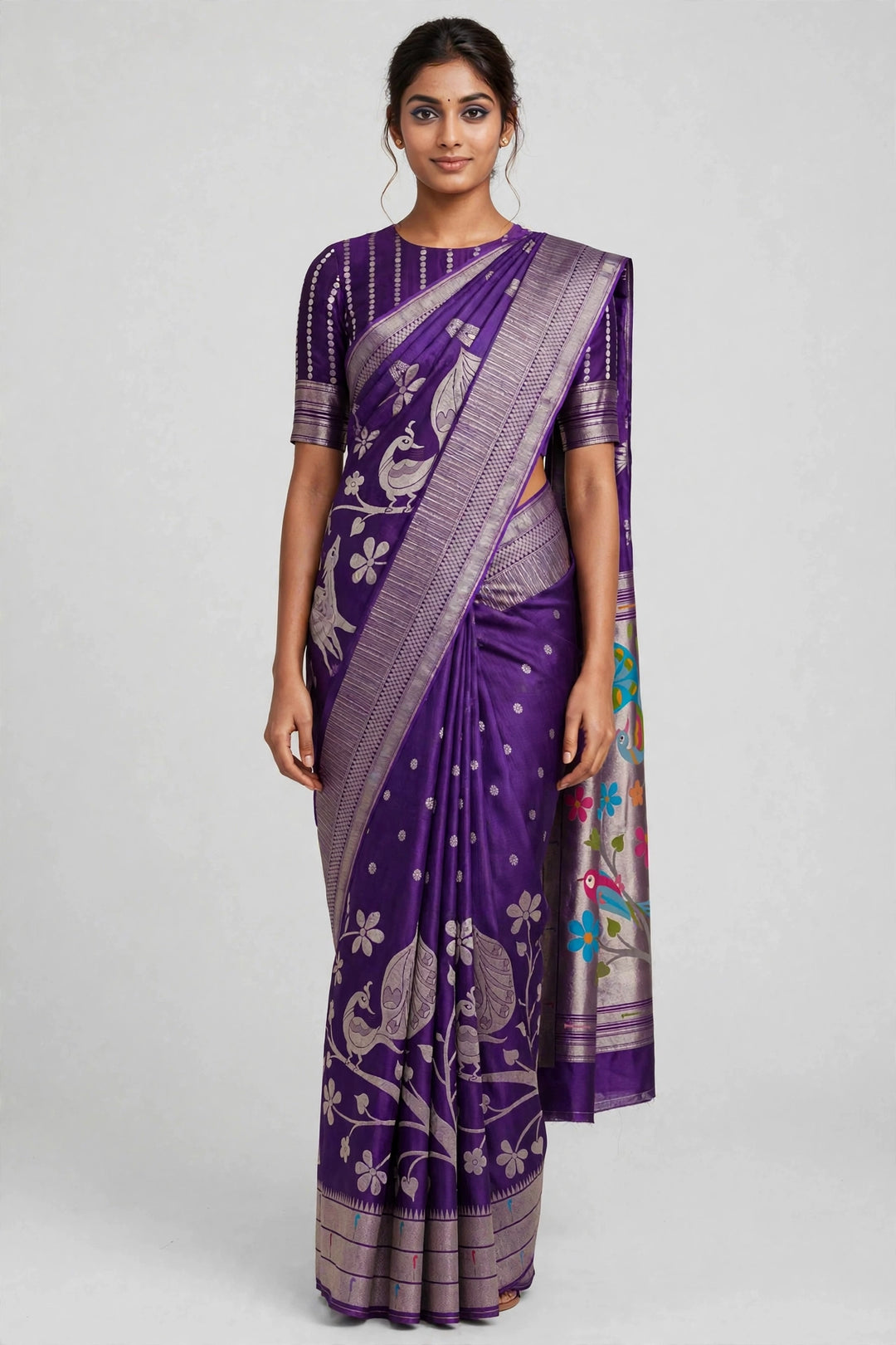 Tathastu Purple Peacock Printed Saree