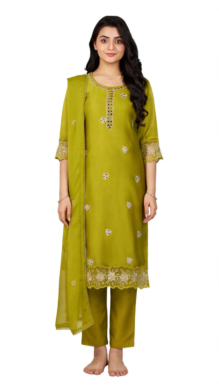Olive Green Embroidered Kurta Set