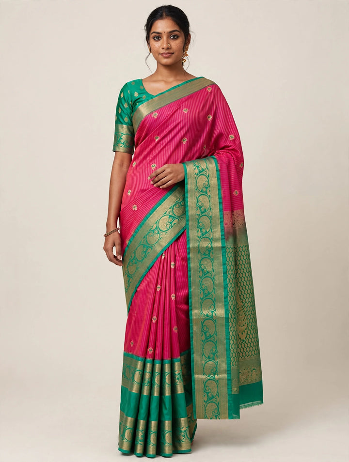Tathastu Pink &amp; Green Zari Border Saree