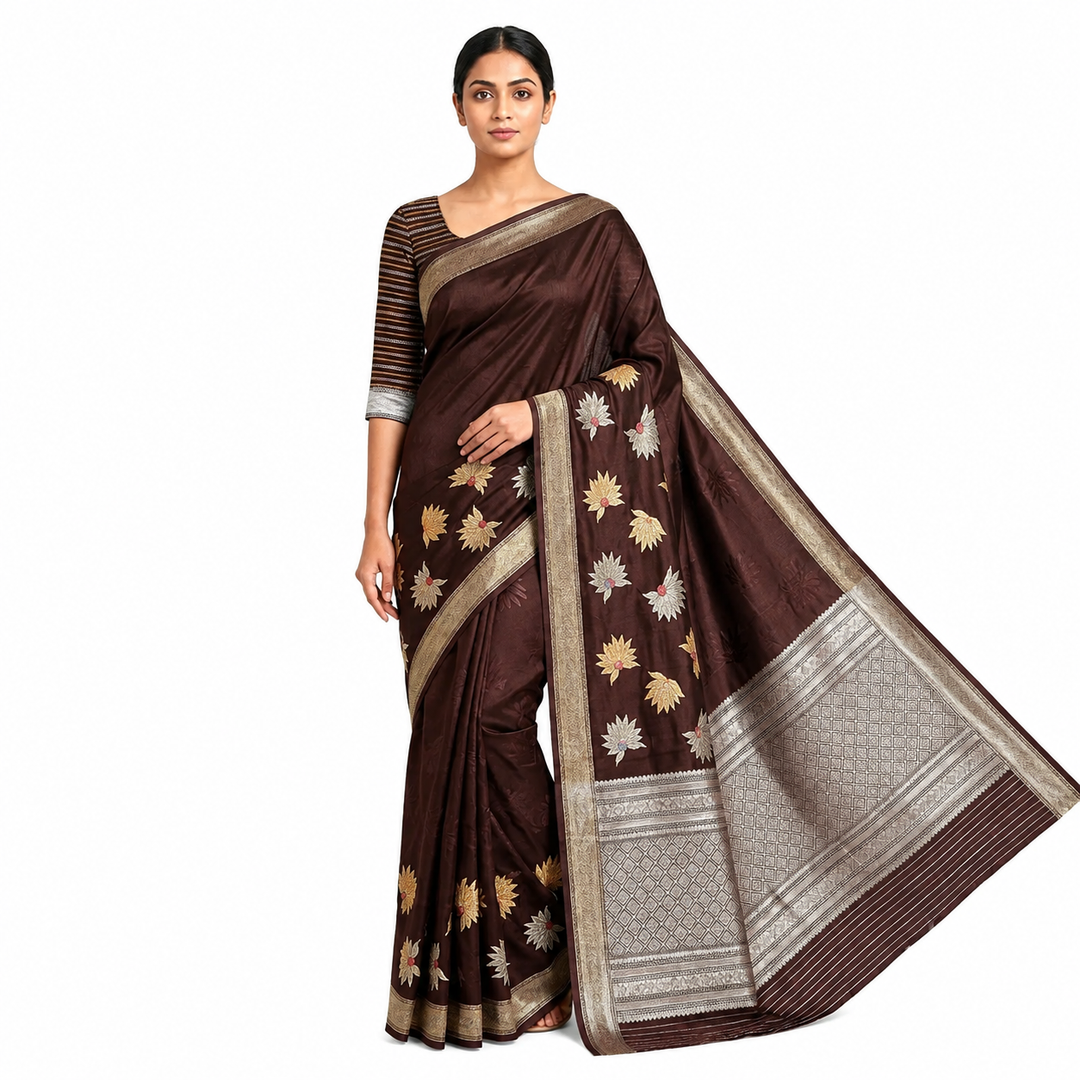 Tathastu Chocolate Brown Floral Embroidered Saree