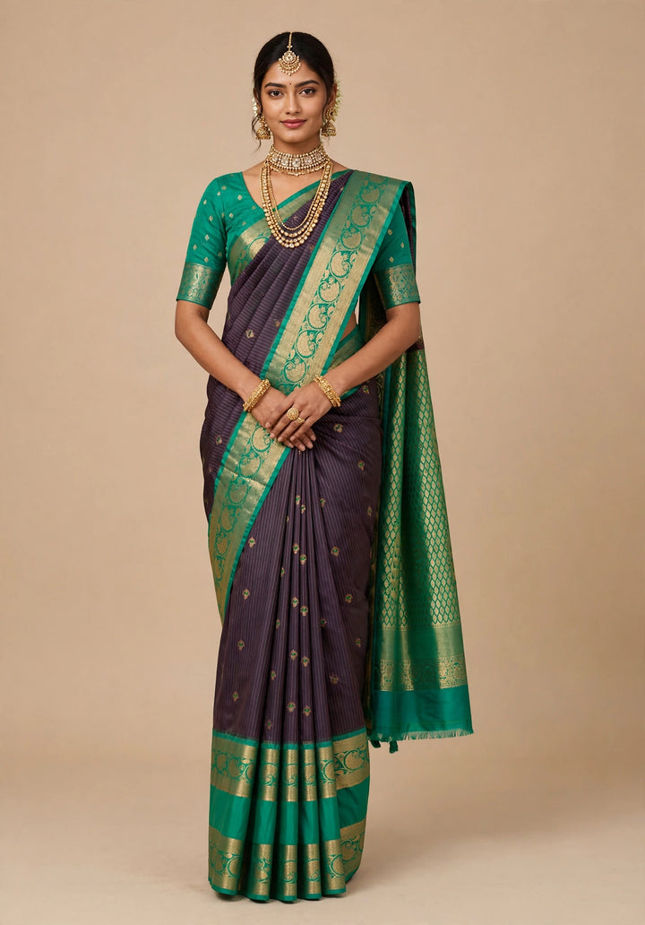 Tathastu Charcoal Purple &amp; Emerald Green Zari Saree