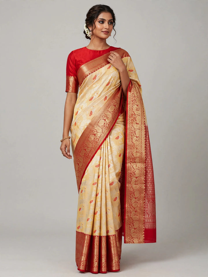 Tathastu Cream &amp; Red Zari Woven Saree
