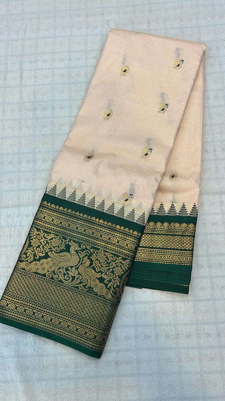 Ivory White &amp; Deep Green Silk Saree