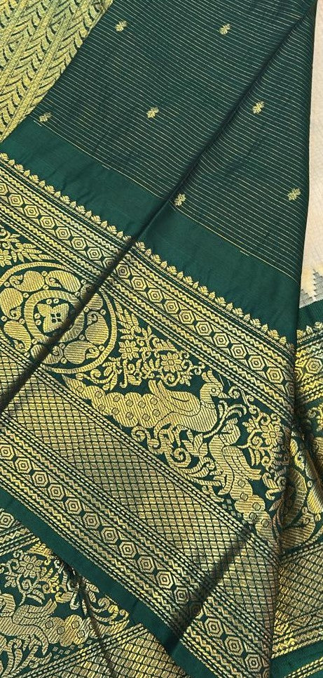 Ivory White &amp; Deep Green Silk Saree