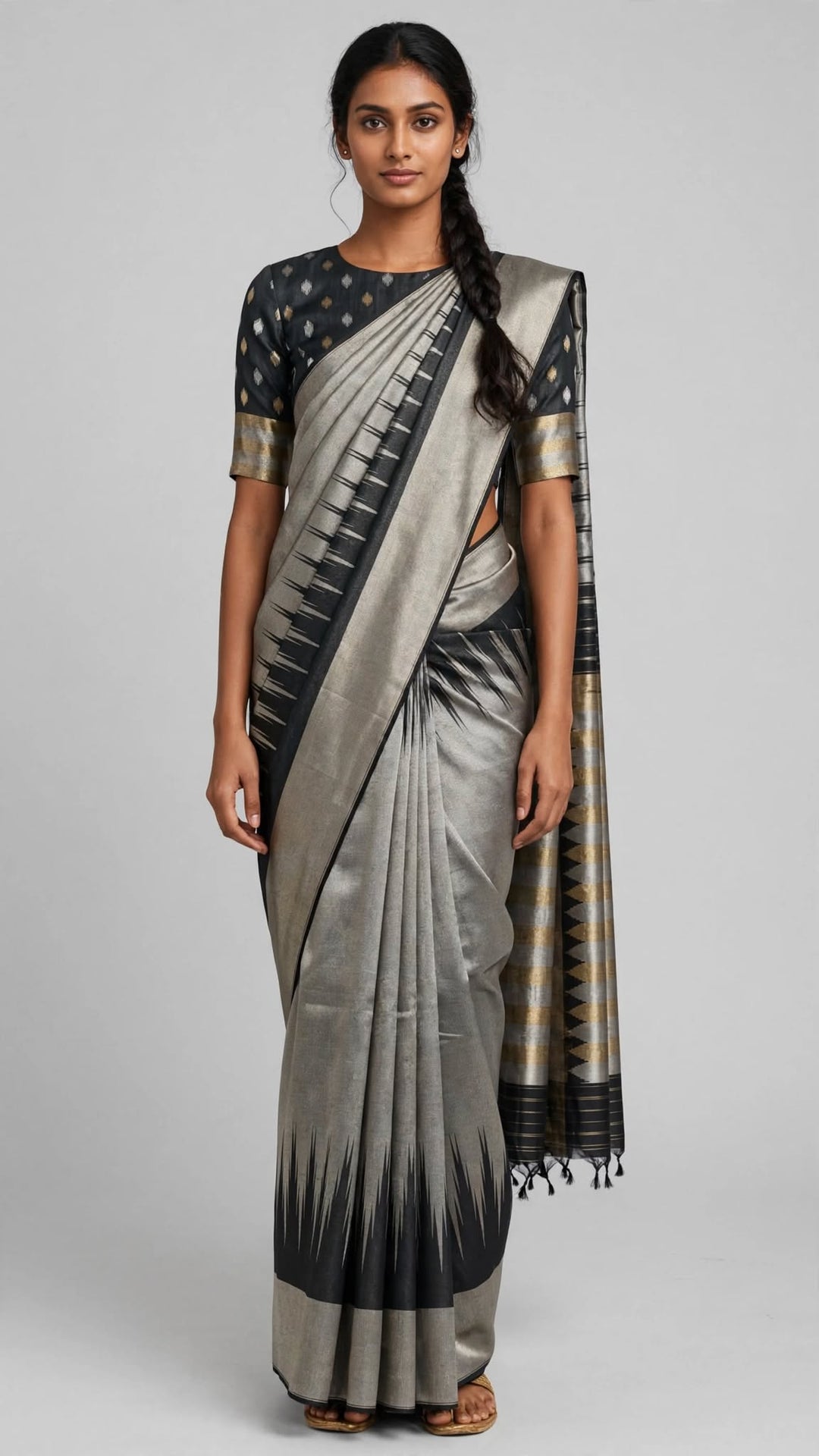 Tathastu Silver &amp; Black Contemporary Zari Saree