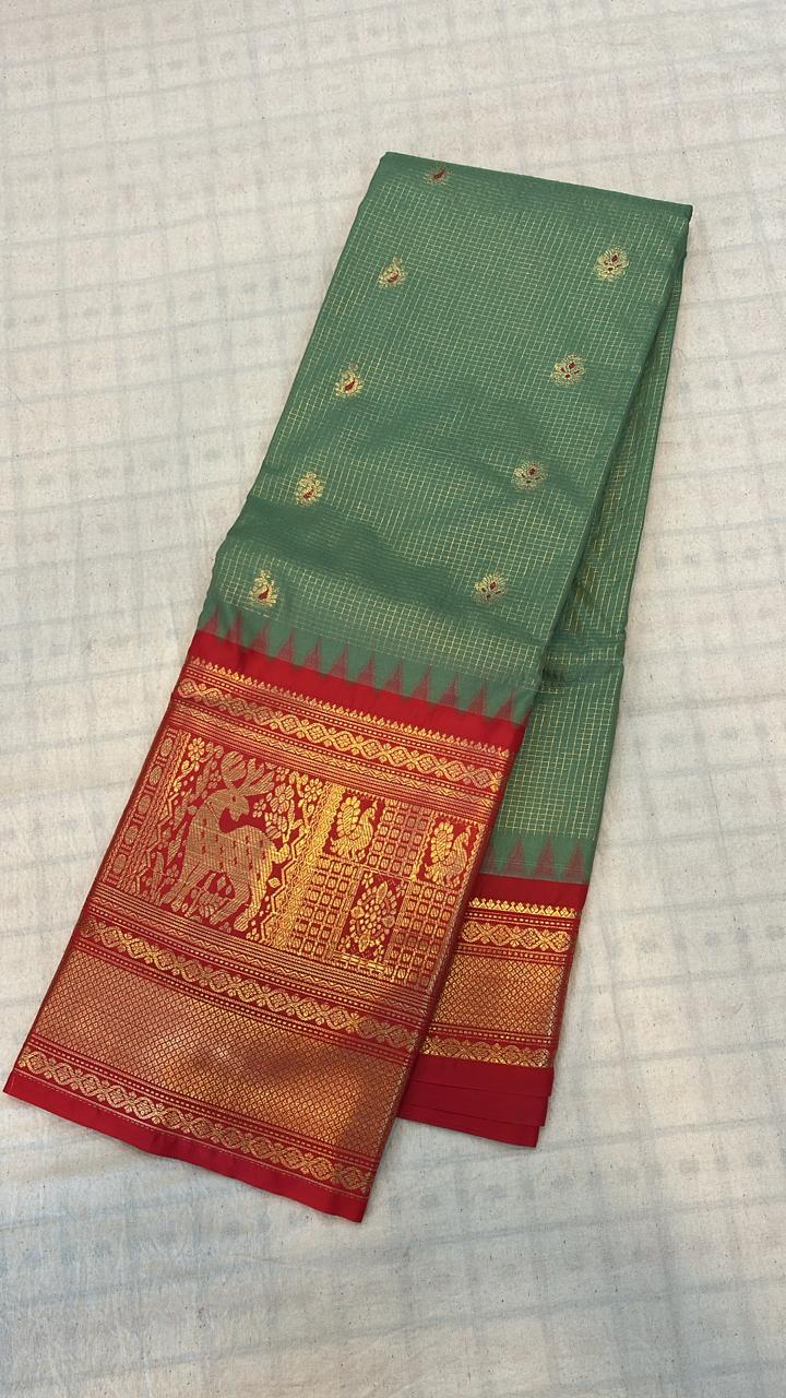 Sage Green &amp; Red Banarasi Silk Saree