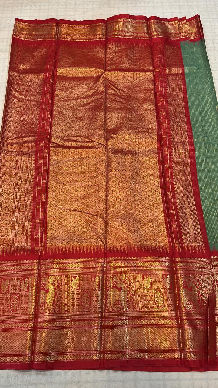 Sage Green &amp; Red Banarasi Silk Saree