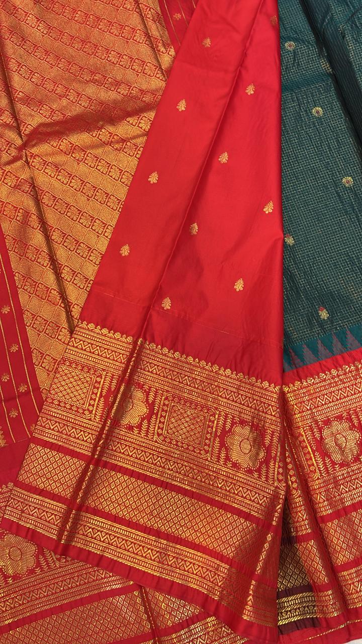 Sage Green &amp; Red Banarasi Silk Saree