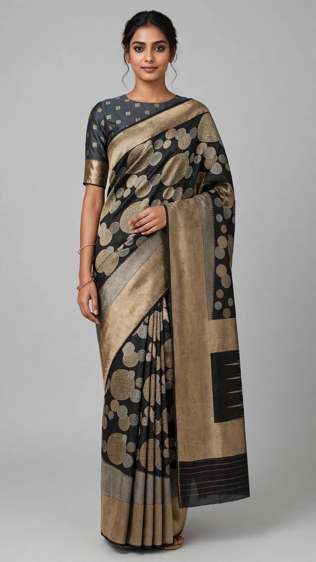 Tathastu Black &amp; Antique Gold Circle Zari Saree