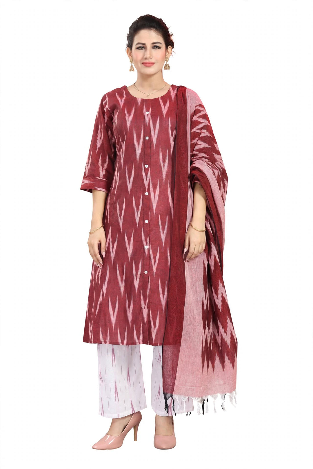 Maroon Ikat Print Kurta Set