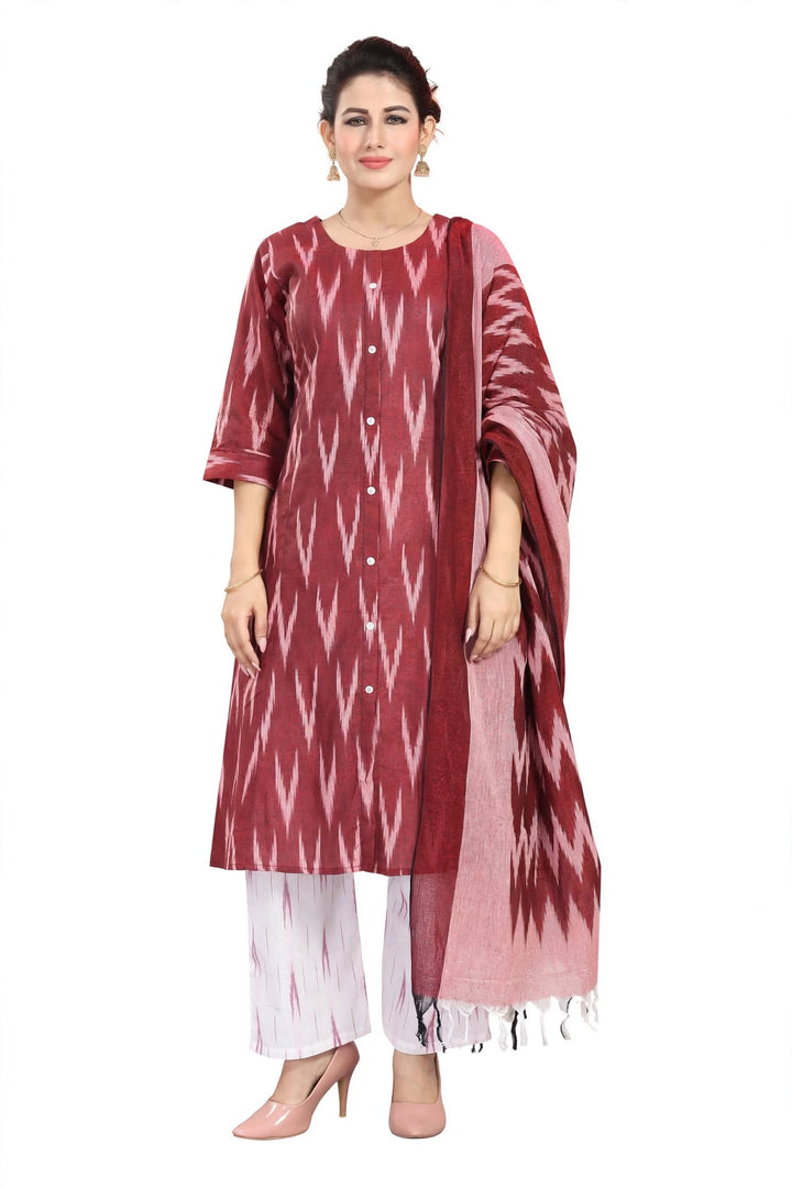 Maroon Ikat Print Kurta Set