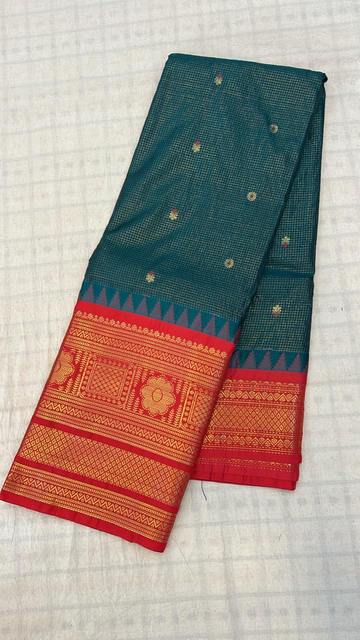 Teal Blue &amp; Red Zari Saree