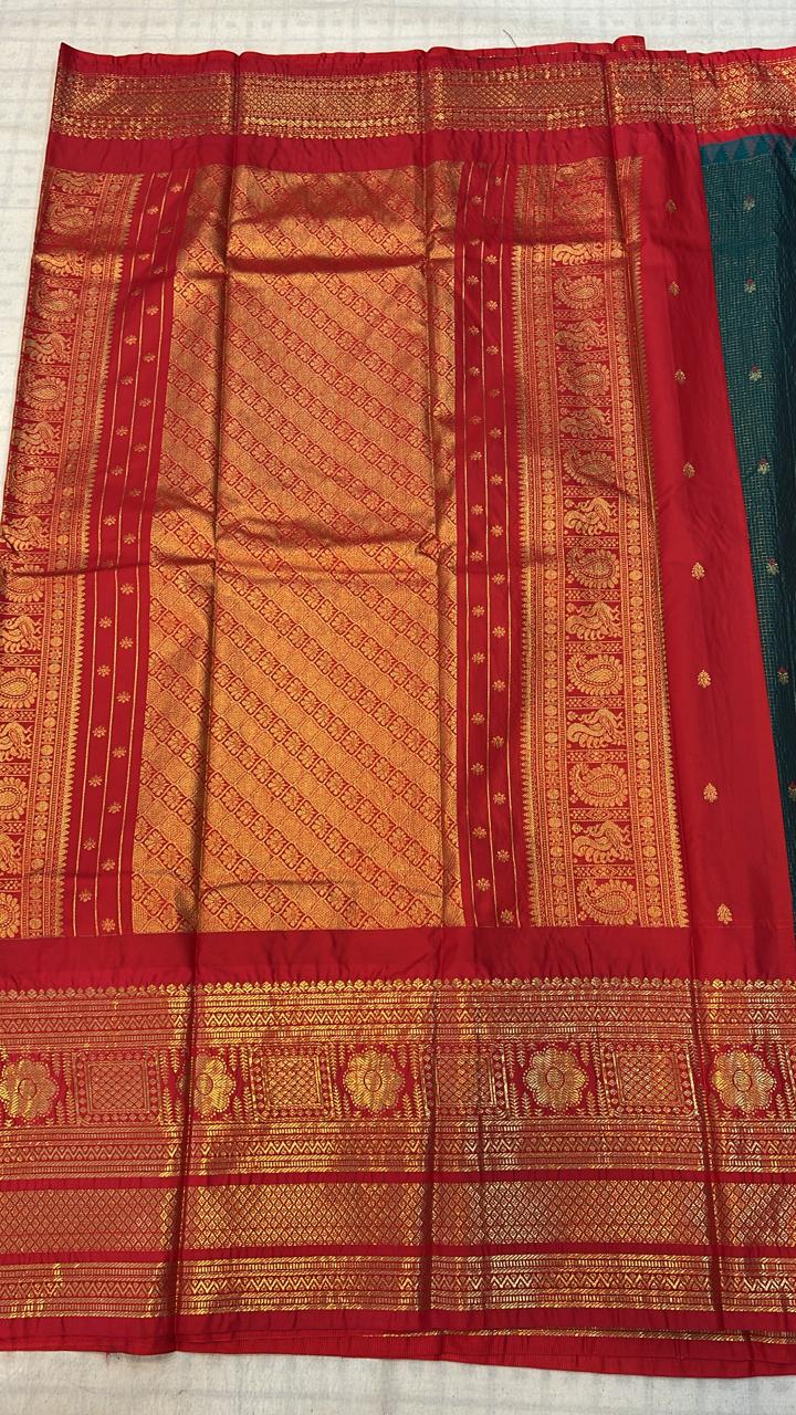 Teal Blue &amp; Red Zari Saree