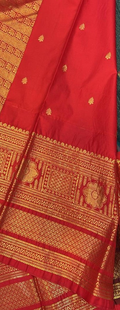 Teal Blue &amp; Red Zari Saree