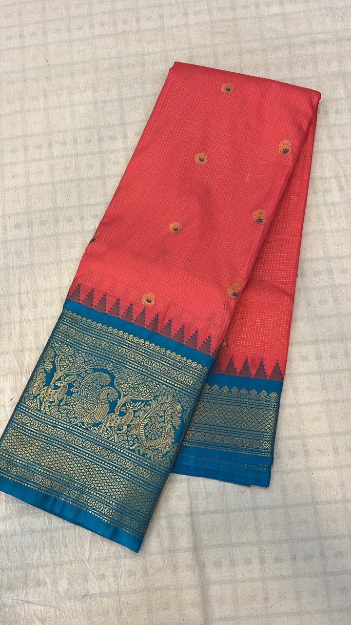 Coral Pink &amp; Teal Blue Zari Saree