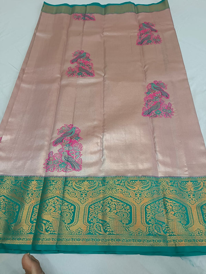 Tathastu Blush Pink &amp; Teal Floral Zari Saree