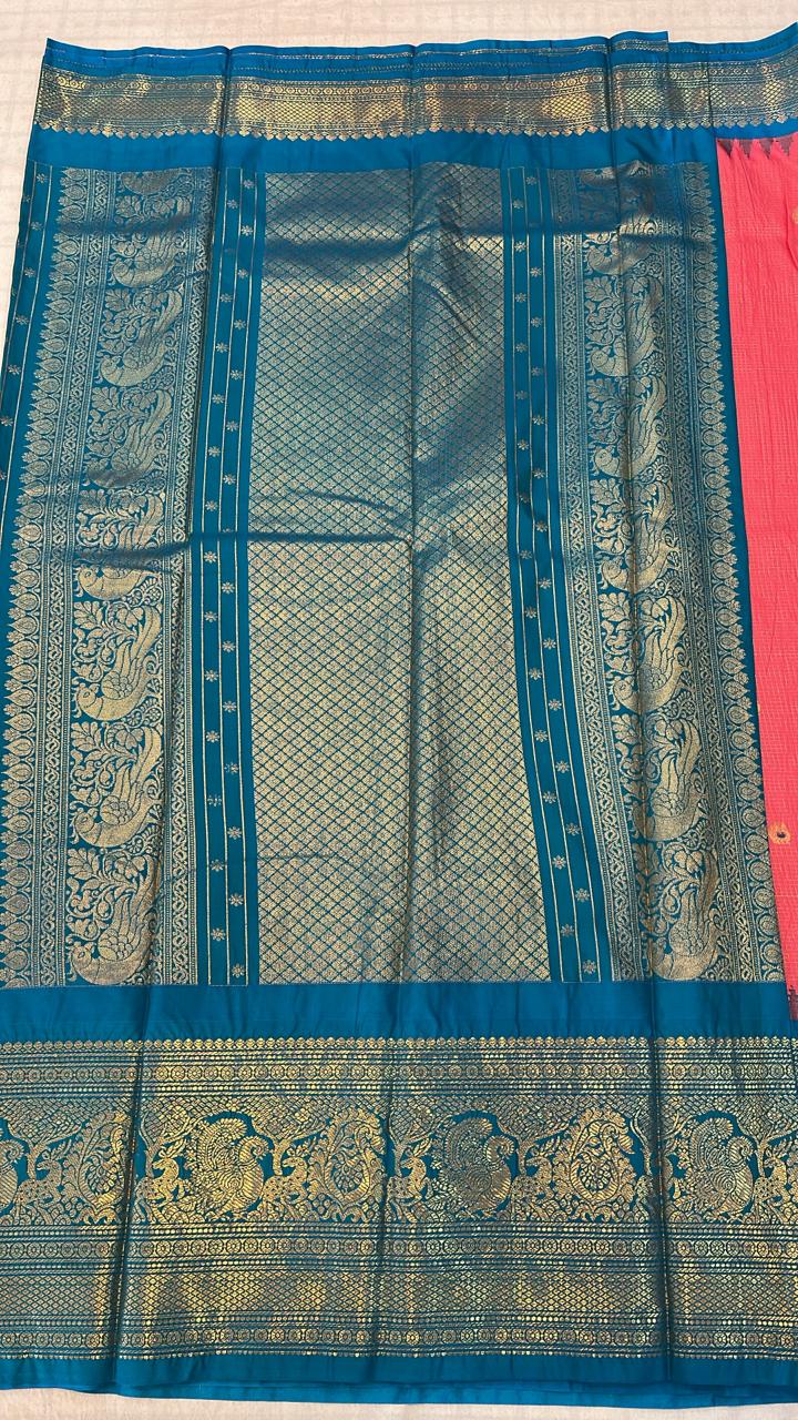 Coral Pink &amp; Teal Blue Zari Saree