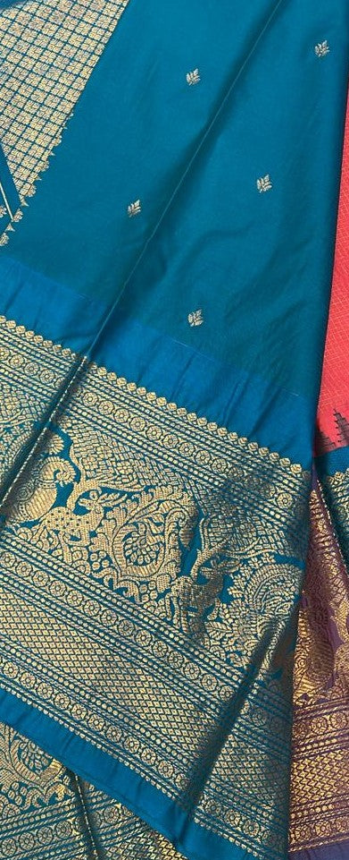 Coral Pink &amp; Teal Blue Zari Saree