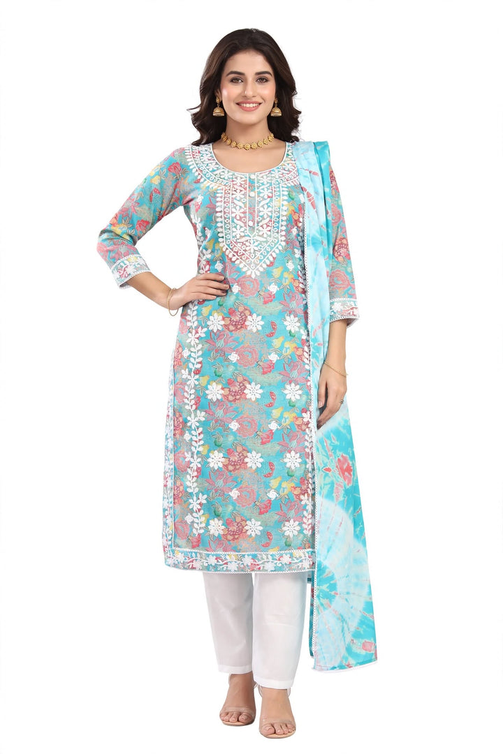 Aqua Blue Floral Printed Kurta Set