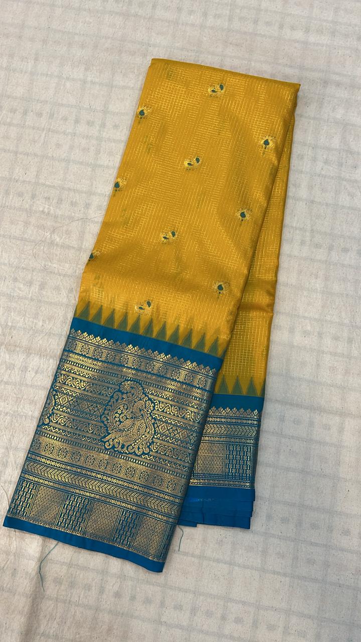 Mustard Yellow &amp; Teal Blue Zari Saree