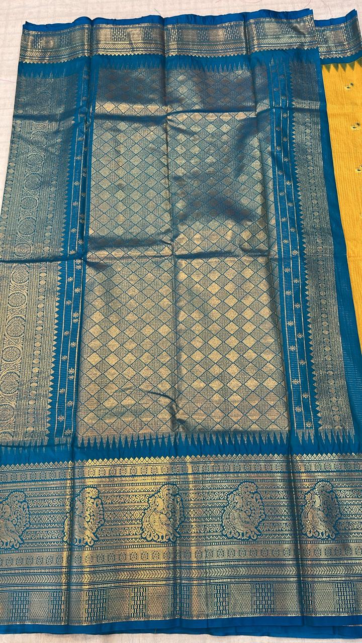 Mustard Yellow &amp; Teal Blue Zari Saree