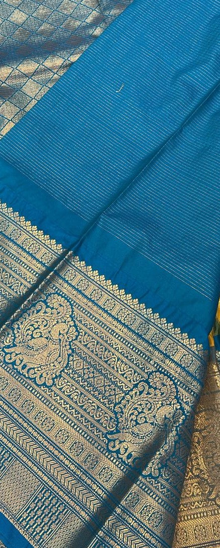 Mustard Yellow &amp; Teal Blue Zari Saree