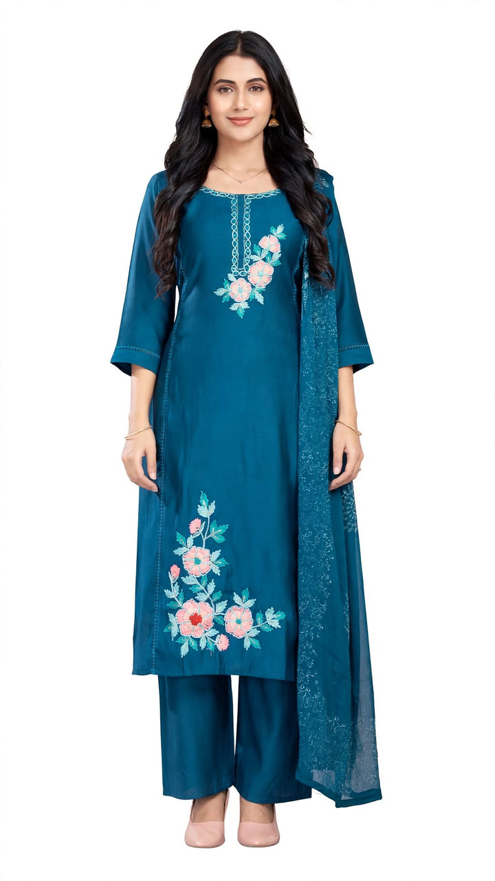 Teal Blue Floral Embroidered Kurta Set