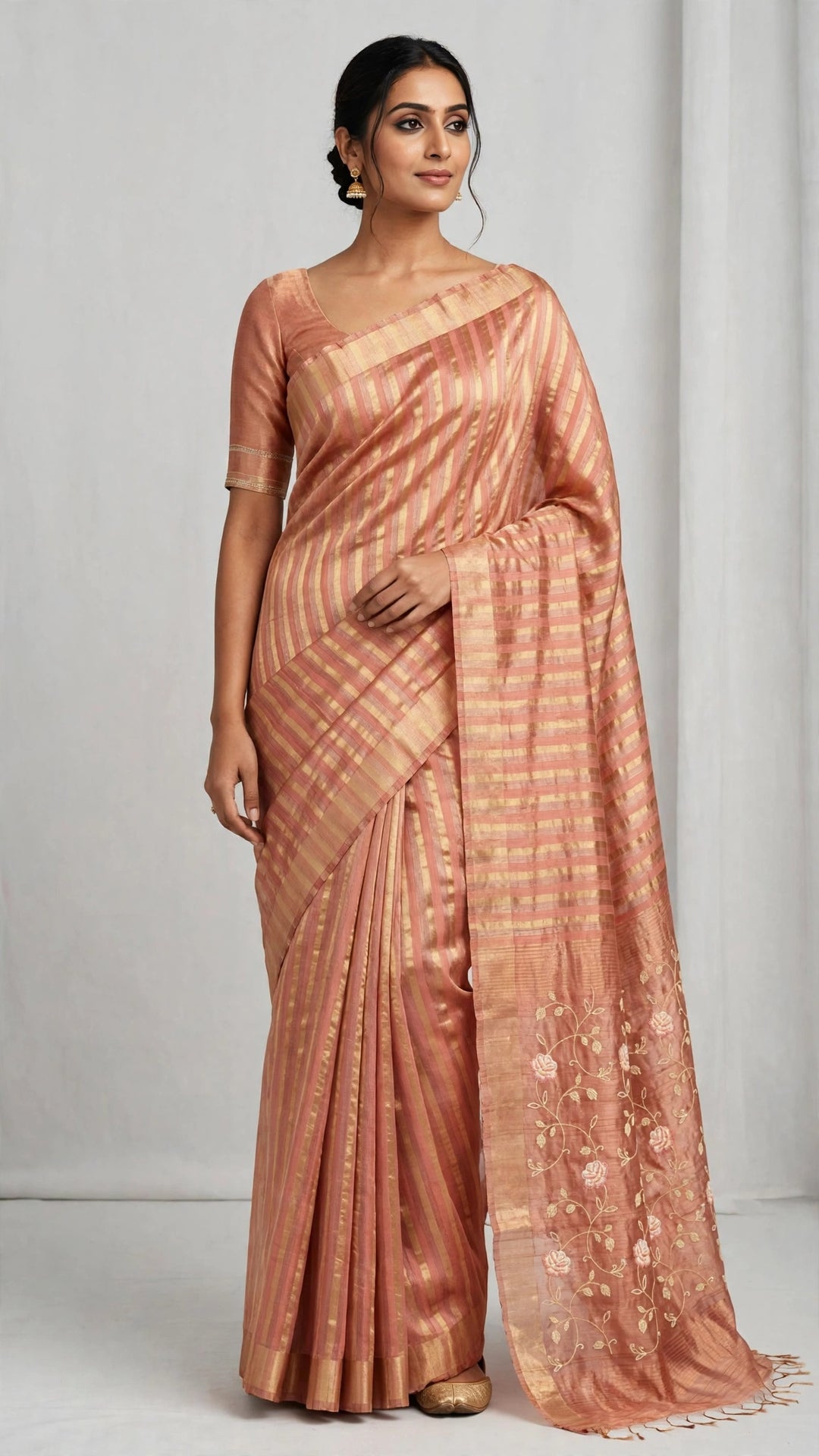 Rose Gold Striped Floral Saree