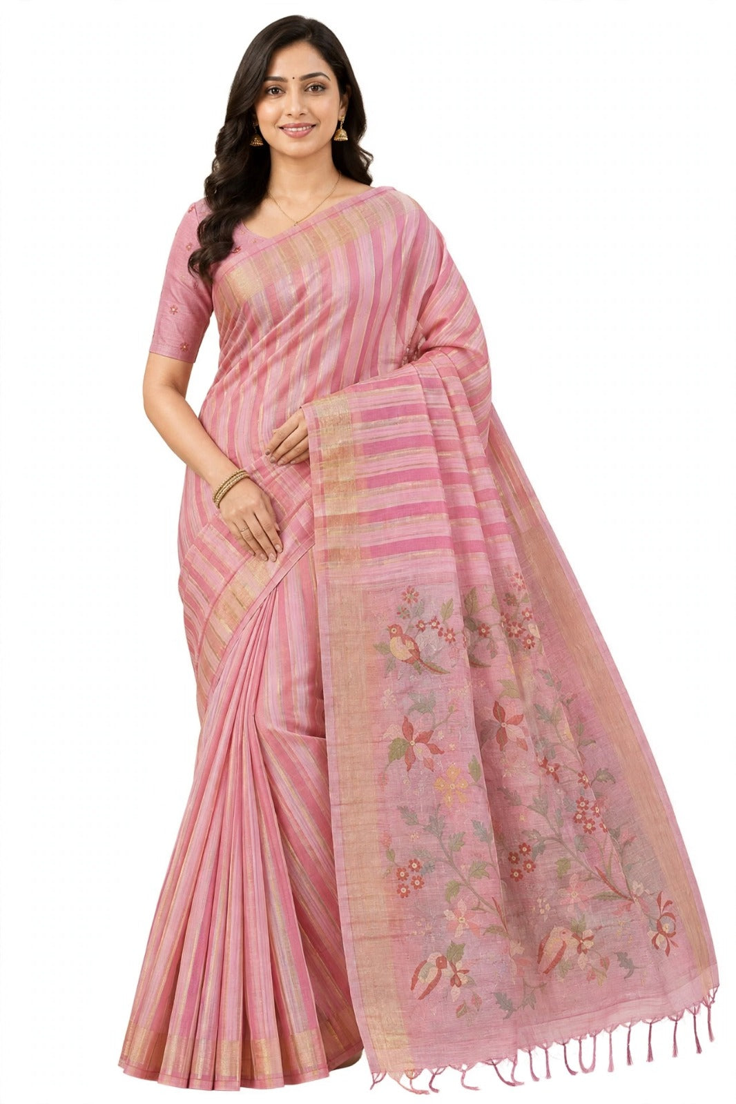 Elegant Pink Striped Saree with Floral Printed Pallu