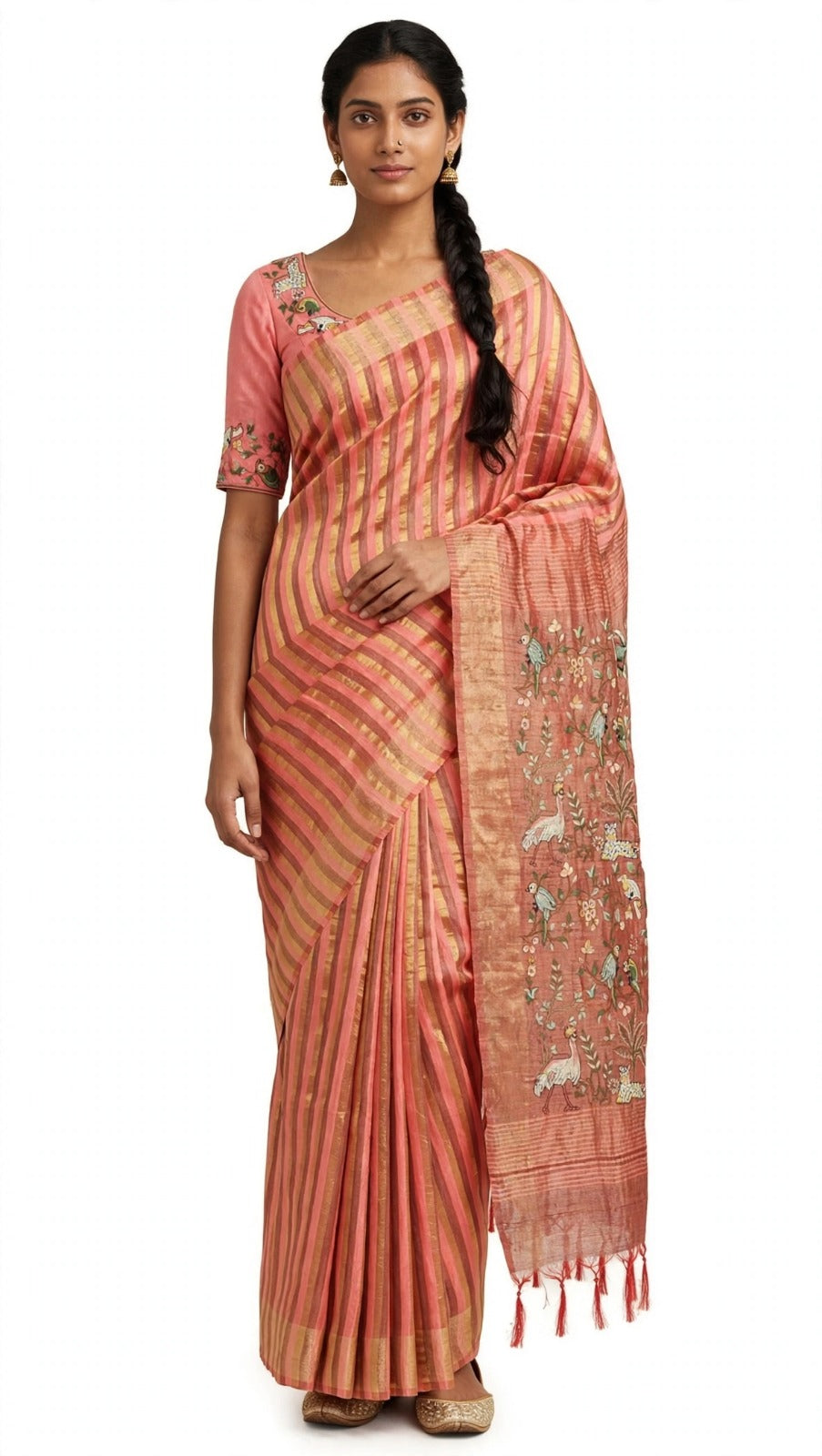 Coral Pink Striped Saree with Handcrafted Bird &amp; Floral Pallu