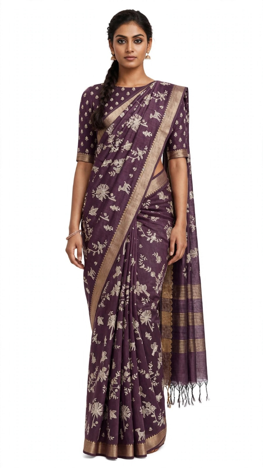 Royal Purple Floral Printed Saree with Antique Gold Border