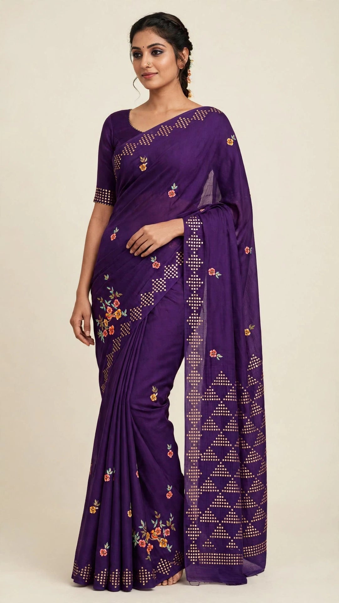 Elegant Purple Saree with Floral Embroidery &amp; Geometric Pallu