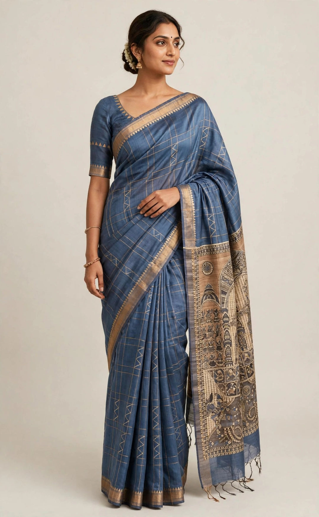 Elegant Blue Saree with Geometric Weave &amp; Artistic Printed Pallu